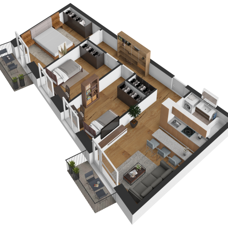 Plattegrond van een appartement met twee slaapkamers, woonkamer en keuken.