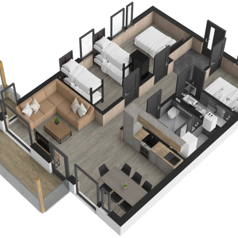 Plattegrond van een moderne woning met woonkamer, keuken, slaapkamers en eetruimte.