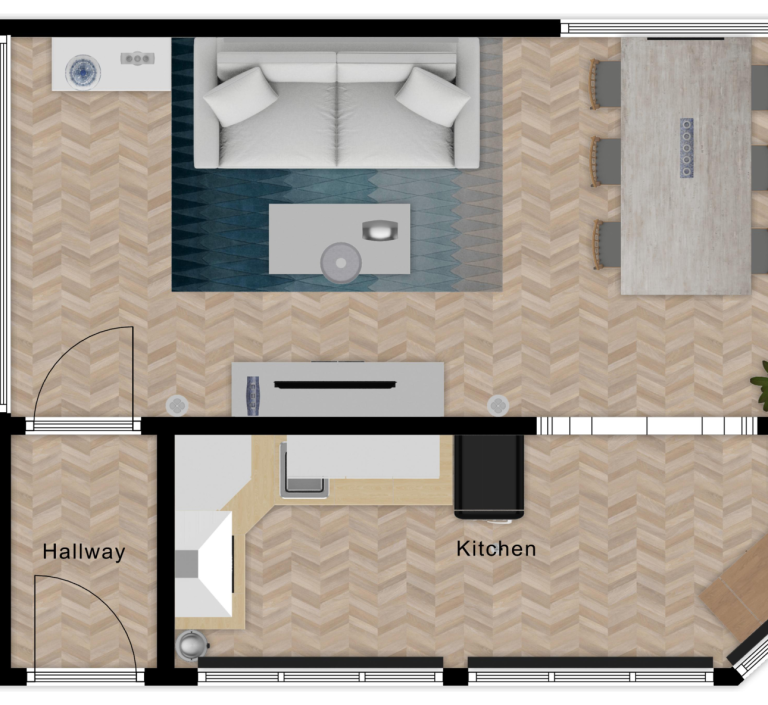 Plattegrond van een appartement met woonkamer, keuken en eetruimte.